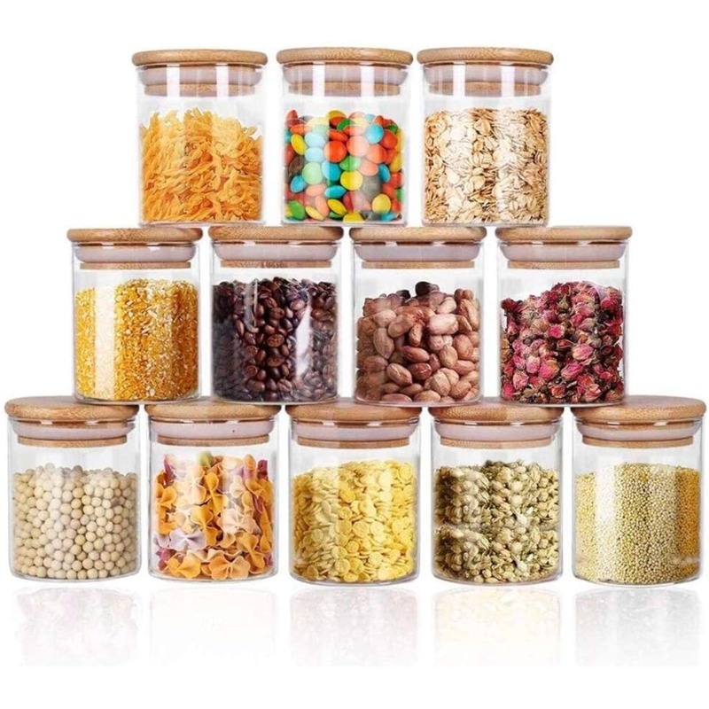 Airtight Cereal Jar - 12 Glass Jars Set with Bamboo